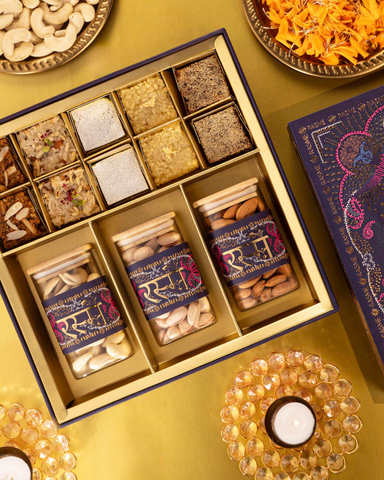 Compact celebration box with mithai and dry fruits